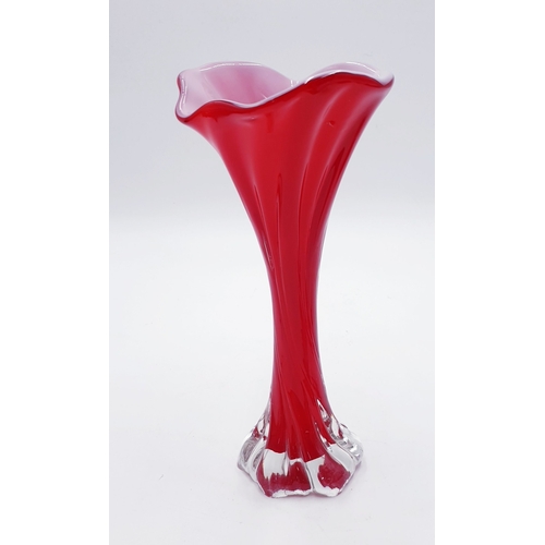 484 - BOHEMIAN GLASS 24cm FLUTED RED VASE With Original Label