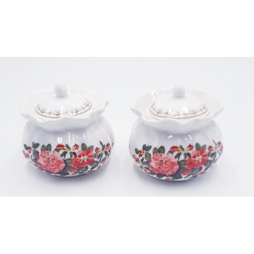 595 - ROYAL DOULTON CHINA 6cm LIDDED POTS (2) IN THE RHODEDENDRON DESIGN