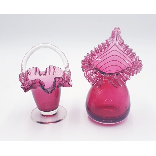 598 - CRANBERRY GLASS ITEMS (2) (15cm BASKET Plus 18cm VASE)