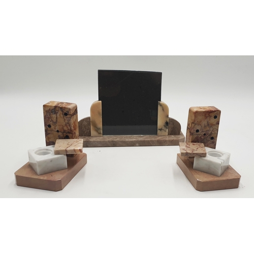 697 - MARBLE ART DECO PHOTO/PICTURE FRAME Plus  BOOKENDS /INK WELLS