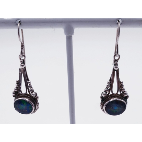 715 - SILVER (925) / BLACK OPAL 2.5cm DROP EARRINGS (Old) (Total Weight 4.9 Grams)