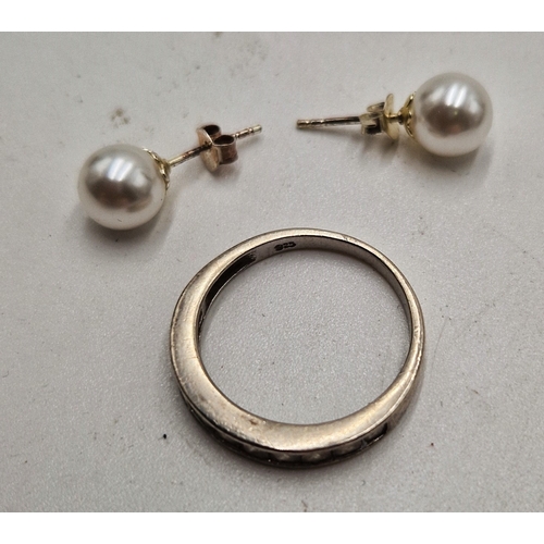 724 - SILVER (925) HALF ETERNITY RING (Size R) Plus SILVER (925) PEARL EARRINGS