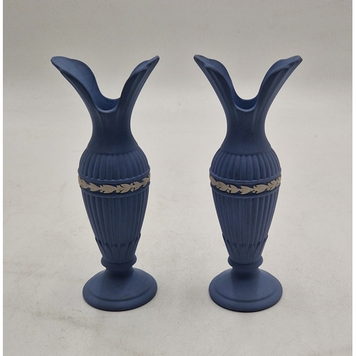 773 - WEDGWOOD BLUE JASPER WARE 15cm BUD VASES (2)   (Rare)