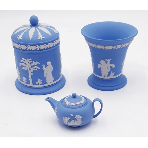 35 - WEDGWOOD ITEMS (3) Inc Miniature TEAPOT , LIDDED POT Plus 8.5cm VASE