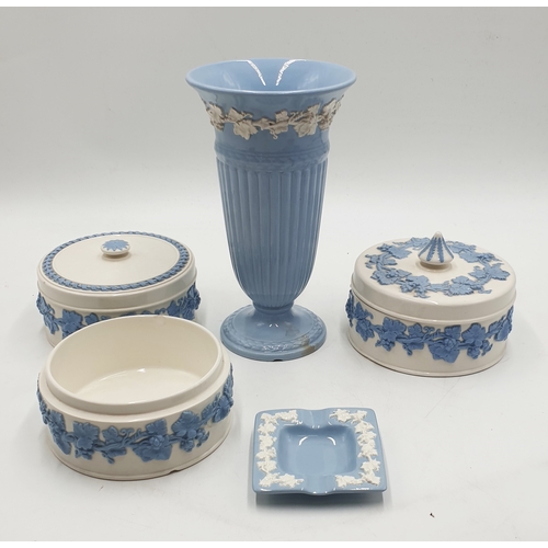 37 - WEDGWOOD QUEENSWARE ITEMS (5) Inc VASE, LIDDED TRINKET POTS, Etc