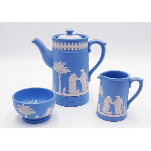 38 - DUDSONS (Hanley,Stoke On Trent) JASPERWARE ITEMS (3) COFFEE POT, SUGAR BOWL  & MILK JUG