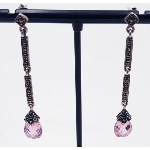 47 - SILVER /MARCASITE PINK STONE SET 5cm DROP EARRINGS