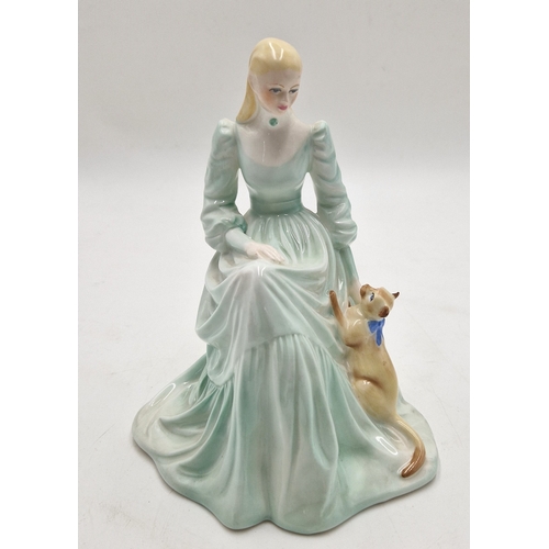 177 - COALPORT CHINA Large 18cm FIGURINE OF A LADY WITH CAT