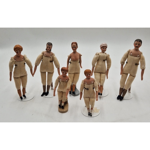 182 - PORCELAIN ARTICULATED DOLLS (7)  (Tallest Being 16cm)(Old) (Complete With Stands)