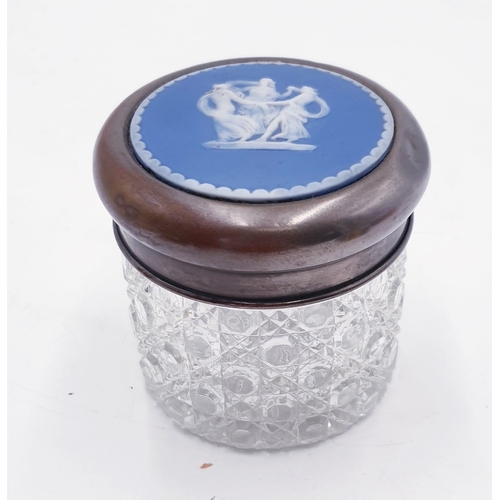 344 - WEDGWOOD BLUE/WHITE JASPER WARE / SILVER PLATED TOP CUT GLASS POWDER JAR