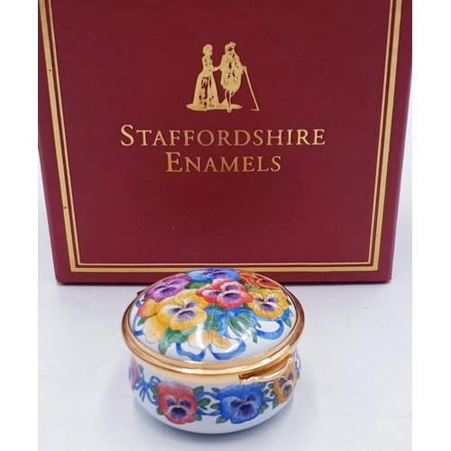 638 - STAFFORDSHIRE ENAMELS TRINKET BOX IN THE PANSY DESIGN  (Original Box)