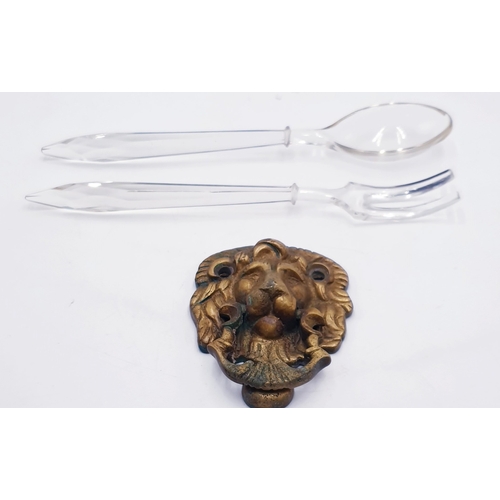 654 - BRASS LION DOOR KNOCKER Plus CUT GLASS SALAD SERVERS