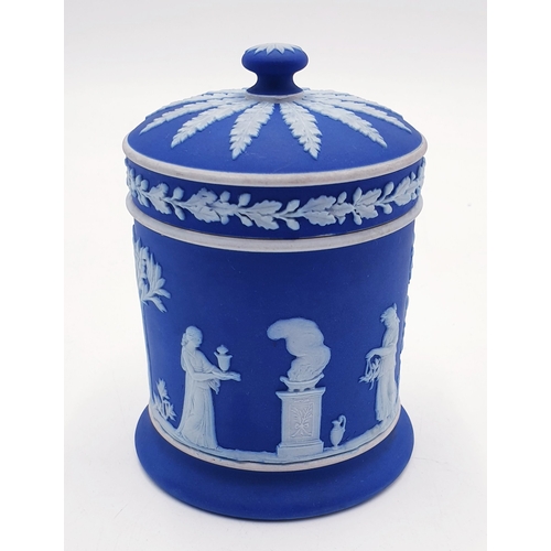 732 - WEDGWOOD DARK BLUE JASPER WARE 10cm LIDDED  POT   (Old)