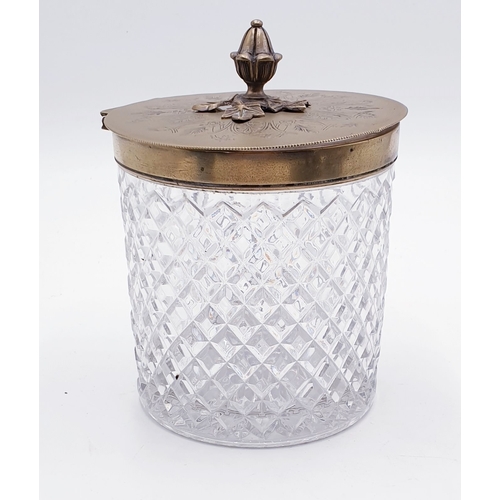 200 - CRYSTAL GLASS VICTORIAN 14cm BISCUIT BARREL With SILVER PLATED LID And FINIAL (Internal Diamond Regi... 