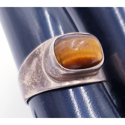 202 - SILVER (835) /TIGERS EYE STONE SET RING (Size O , Total Weight 4.3 Grams)