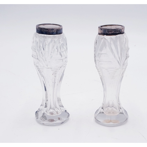 29 - CUT GLASS 10cm VASES WITH SILVER (Hallmarked) RIMS