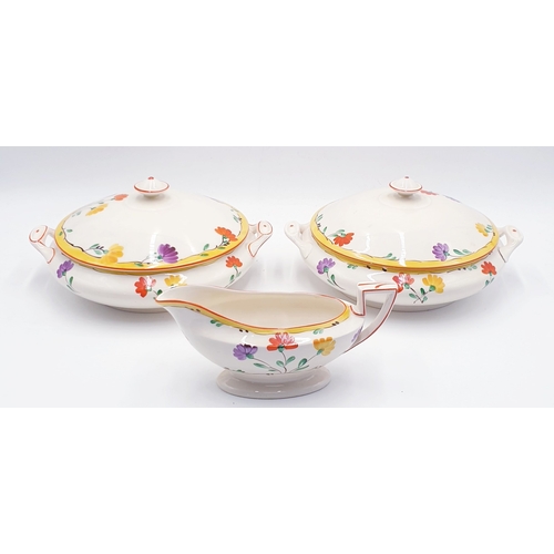 128 - CROWN DUCAL LIDDED TUREENS (2) Plus GRAVY BOAT (Hand Painted) IN A FLORAL DESIGN c1930s