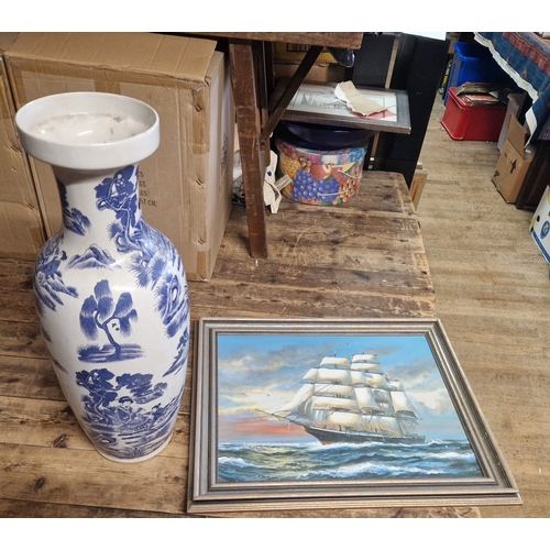 238 - CERAMIC Extra Large BLUE/WHITE VASE TOGETHER WITH A  PAINTING OF A GALLEON (Please Note This WILL NO... 