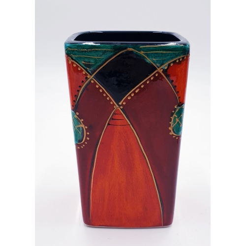 104 - ANITA HARRIS ART POTTERY 15cm SQUARE VASE IN THE GOTHIC ARCHES DESIGN Signed In Gold By Anita Harris