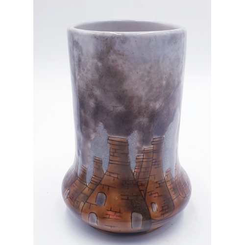 14 - COBRIDGE STONEWARE 16.5cm VASE VASE DEPICTING OLD SMOKEY STOKE SHOWING SEVERAL BOTTLE KILNS