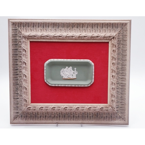 46 - WEDGWOOD GREEN 15cm x 9cm JASPER WARE PLAQUE MOUNTED IN A WOODEN Large 37cm x 31cm FRAME