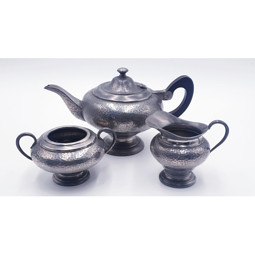 180 - PEWTER TEAPOT, MILK & SUGAR SET