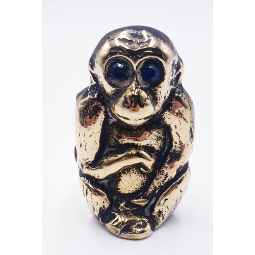 572 - BRASS 8cm MONKEY SPILL MATCH VESTA HOLDER With BLUE GLASS EYES (Old)