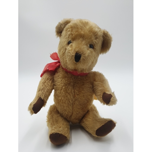 708 - DEANS GWENTOY JOINTED  TEDDY BEAR With RED SCARF (Label For 1972/82 ,Deans Gwentoys Ended In 1982)