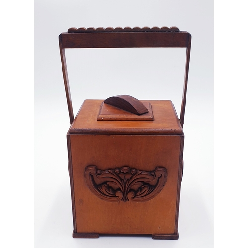 724 - WOODEN 12cm x 13cm ART NOUVEAU TEA CADDY (With Glass Liner)