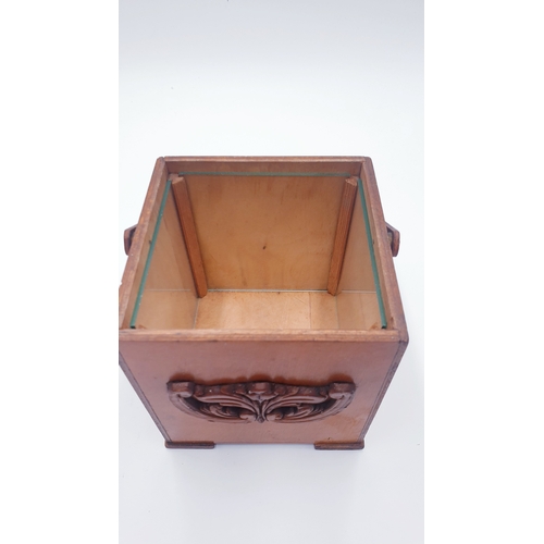 724 - WOODEN 12cm x 13cm ART NOUVEAU TEA CADDY (With Glass Liner)