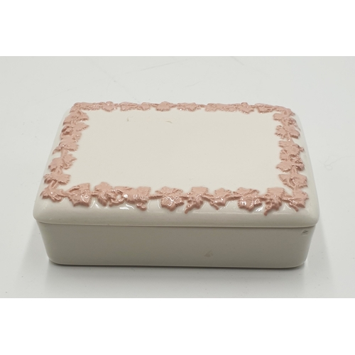 776 - WEDGWOOD CHINA 15cm Dia TAZZA Plus WEDGWOOD QUEENS WARE WHITE/PINK EMBOSSED 12.5cm x 10cm LIDDED BOX