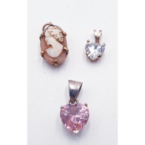 62 - 9ct GOLD PENDANTS (2) TOGETHER WITH A SILVER MOUNTED PENDANT