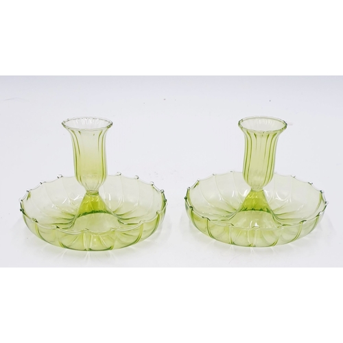 691 - FINE GLASS 9 cm GREEN CANDLESTICKS (Pair) (Please Note This LOT WILL NOT BE PACKED OR SHIPPED....COL... 