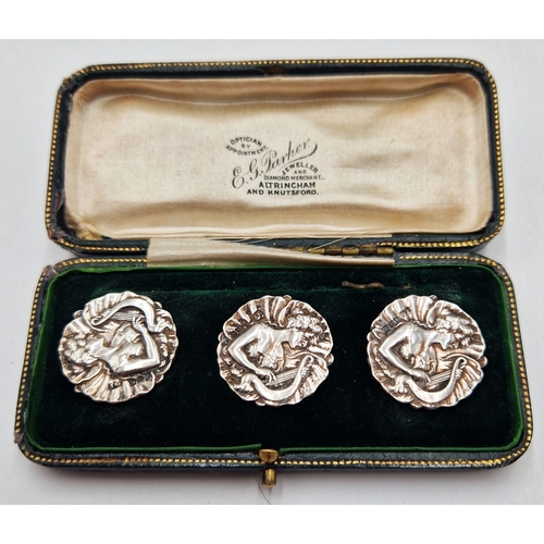 744 - SOLID SILVER ART NOUVEAU (Boxed Set Of Three) LADIES BUTTONS  (Total Weight 8.7 Grams)