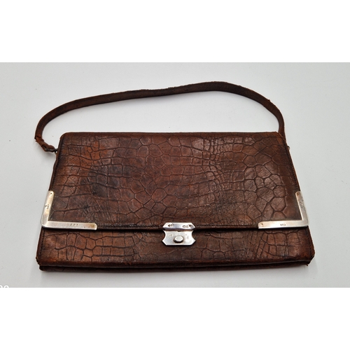 798 - LEATHER CROCODILE SKIN DESIGN HAND BAG With SOLID SILVER (Hallmarked) CLASP & SIDES (Hallmarked For ... 