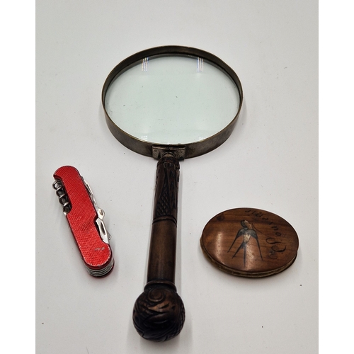 802 - WOODEN HANDLED MAGNIFYING GLASS , FRENCH TREEN WHEEL PIN CUSHION And A TEN WAY KNIFE (Please Note CO... 