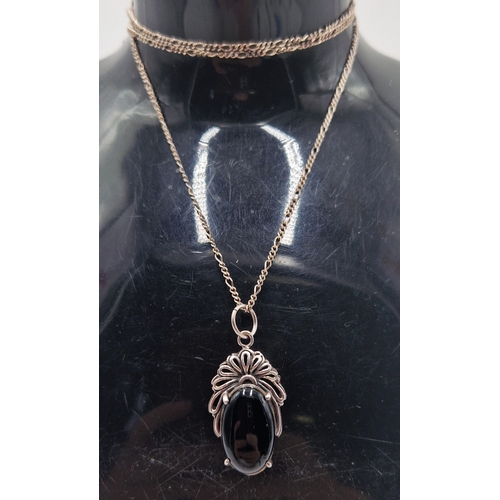 35 - SILVER (925) OBSIDIAN PENDANT ON A 60cm SILVER (925) NECK CHAIN (Boxed)