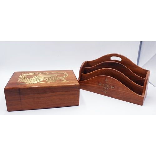 732 - WOOD / BRASS INLAY HUMIDOR TOGETHER WITH A WOODEN LETTER RACK