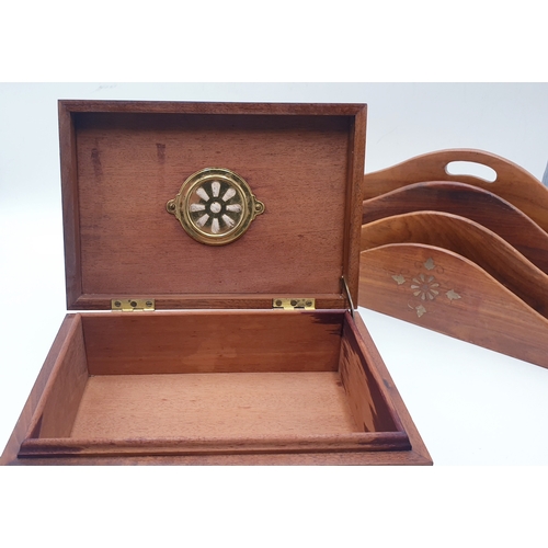 732 - WOOD / BRASS INLAY HUMIDOR TOGETHER WITH A WOODEN LETTER RACK