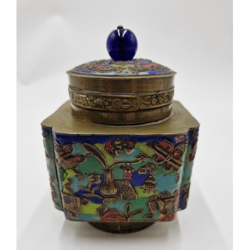 50 - BRASS/ENAMEL CHINESE CLOISONNE TEA CADDY With BLUE CABACHON HANDLE