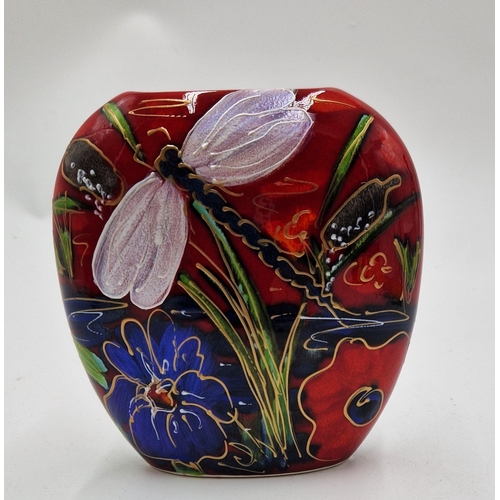 548 - ANITA HARRIS ART POTTERY 12cm PURSE VASE IN THE DRAGONFLY REEDS & IRIS DESIGN  Signed In Gold By Ani... 