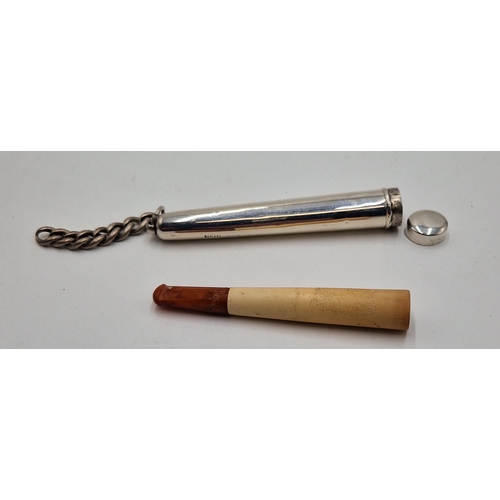 239 - SILVER CHEROOT HOLDER CASE (Hallmarked For Birmingham 1918) With FOB CHAIN, CONTAINING MEERSCHAUM CH... 