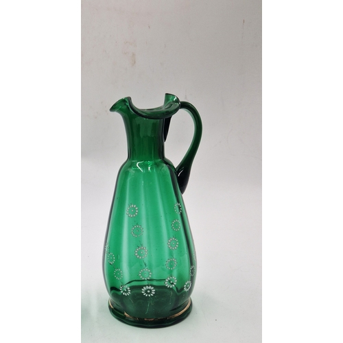 414 - GREEN Large 22cm GLASS JUGS (Old) (2)