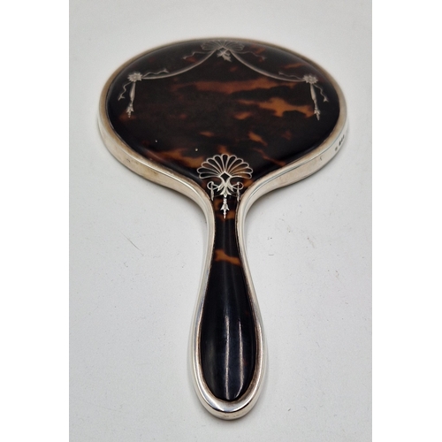 2 - SOLID SILVER 20cm x 13cm FRAMED/HANDLED HAND MIRROR (Hallmarked For London 1906) With TORTOISESHELL ... 