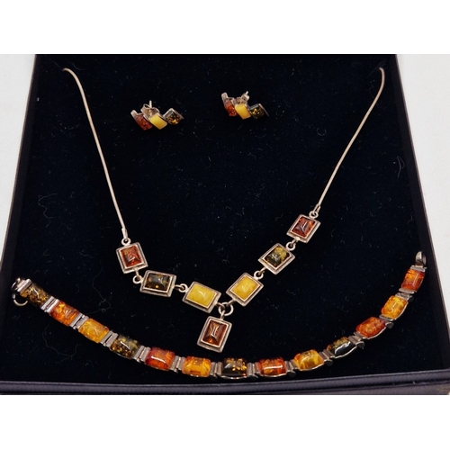 10 - SILVER (Hallmarked) MULTI-COLOURED (Genuine) AMBER DECO STYLE NECKLACE,BRACELET & EARRINGS  (Boxed)