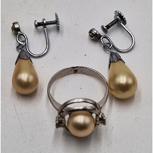 14 - WHITE METAL JERSEY PEARL EARRINGS And RING SET   (Boxed)