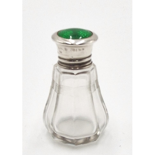 39 - SILVER (Hallmarked 1913) & GUILLOCHE LIDDED 6.5cm GLASS SCENT BOTTLE