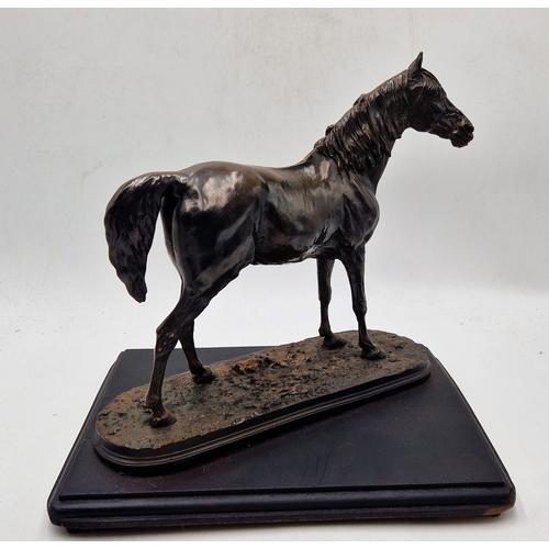 61 - COLD CAST BRONZE Extra Large 31cm x 31cm MODEL OF A HORSE MOUNTED ON A WOODEN BASE Signed P. J. Mene