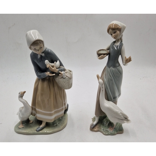 67 - LLADRO PORCELAIN CHARACTER FIGURINES (2) GIRL WITH GOSLINGS IN A BASKET  & GIRL FEEDING GOOSE