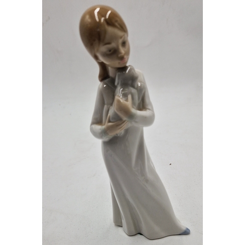 68 - LLADRO (Nao) PORCELAIN  Large 19.5cm CHARACTER FIGURINE OF A GIRL HOLDING A PUPPY DOG